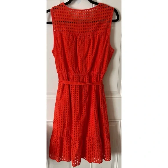 J. Crew All Over Eyelet Sleeveless Button-Down Belted Dress in Red. - Picture 7 of 9
